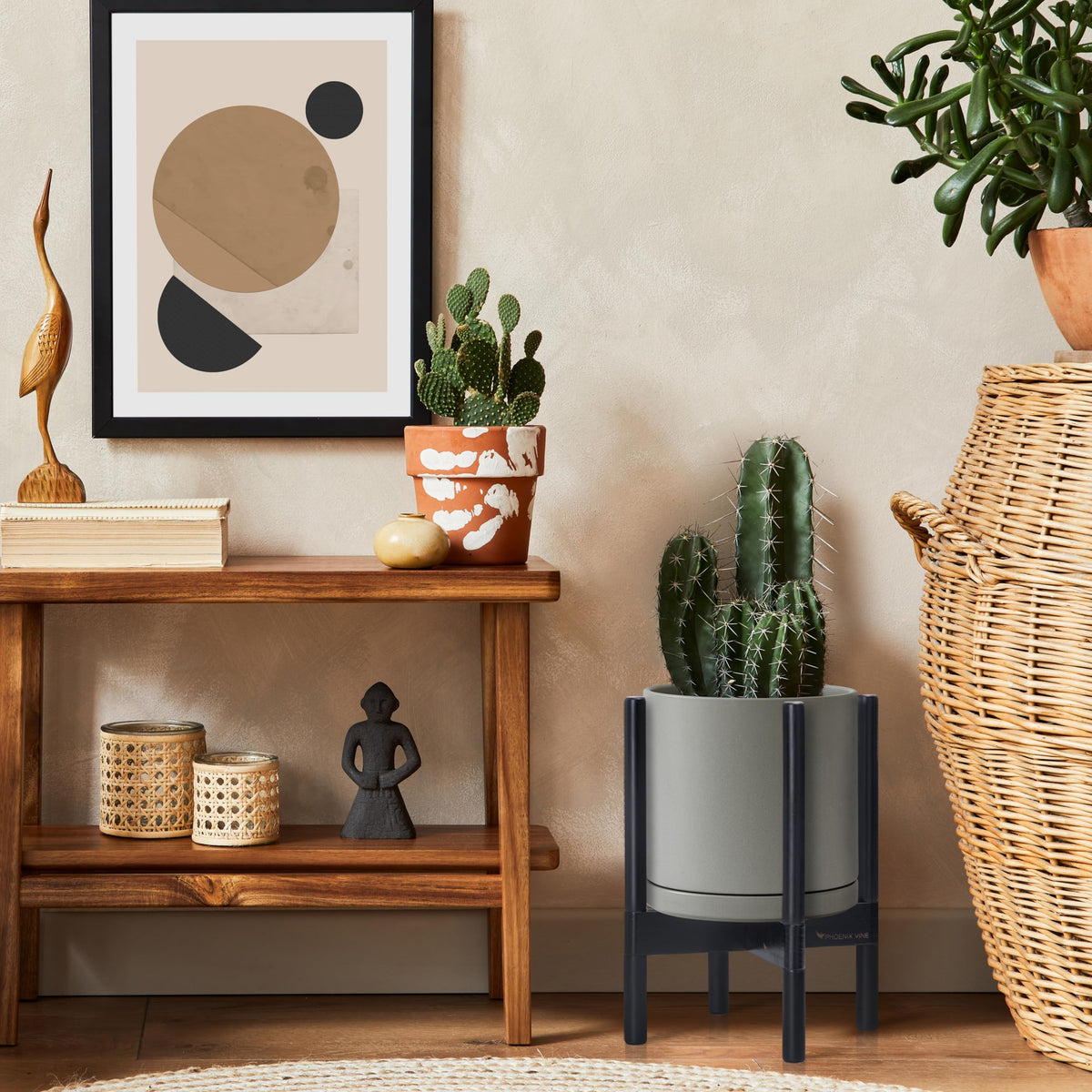 D'vine Dev Ceramic Planter with Ebony Stand - 10 Inch Modern Round Flower Pot with Wood Planter Holder, Grey, 55-B-L-3