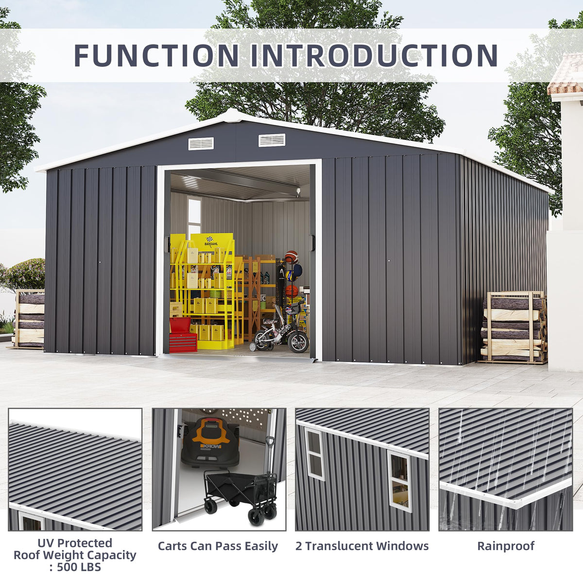 KEIKI 10' x 12' Metal Garden Storage Shed with Foundation Kit, Double Door Outdoor Tool Shed with 2 Windows, Color Steel Construction, Dark Gray