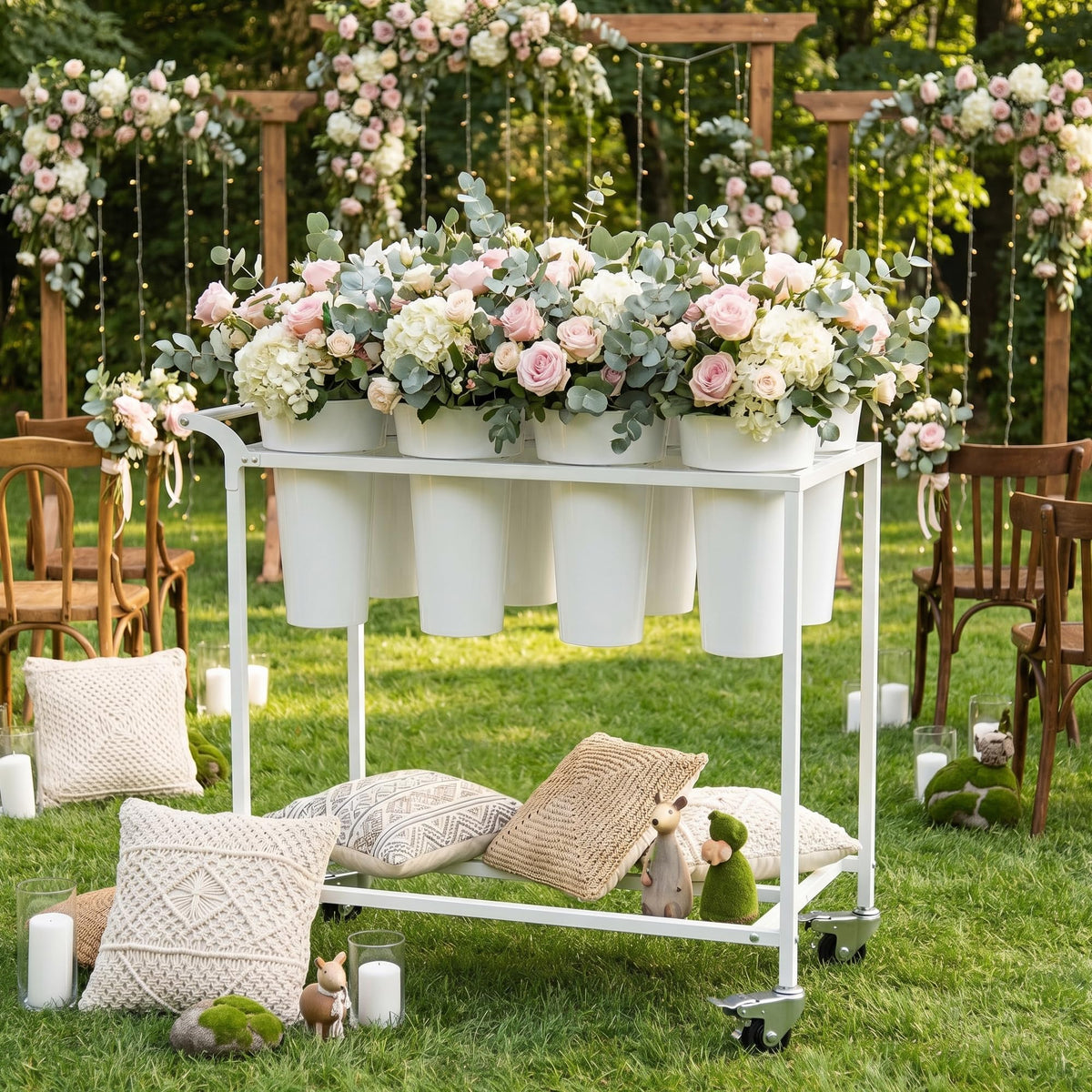 VGMiu Flower Display Stand with 8 Buckets,Flower Cart White Metal Flower Bar Stand with Wheels, Moving Florist Bouquet Shelf for Weddings Florist Indoor Outdoor Patio Garden Living Room