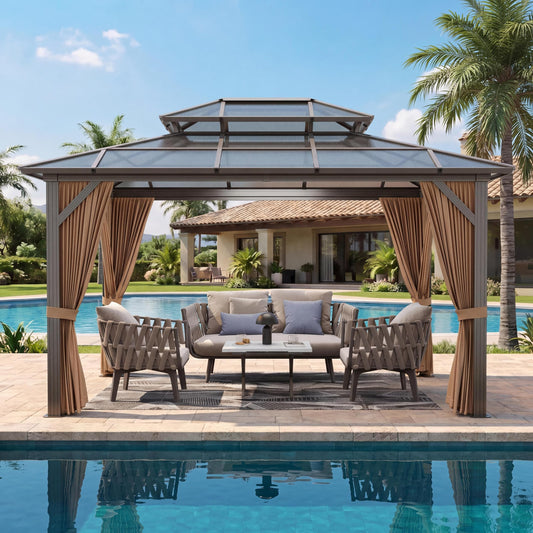 10x13 Hardtop Gazebo, Double Galvanized Steel Roof Outdoor Gazebo with Aluminum Frame, Curtains and Netting Included for Patio, Backyard, Garden Parties