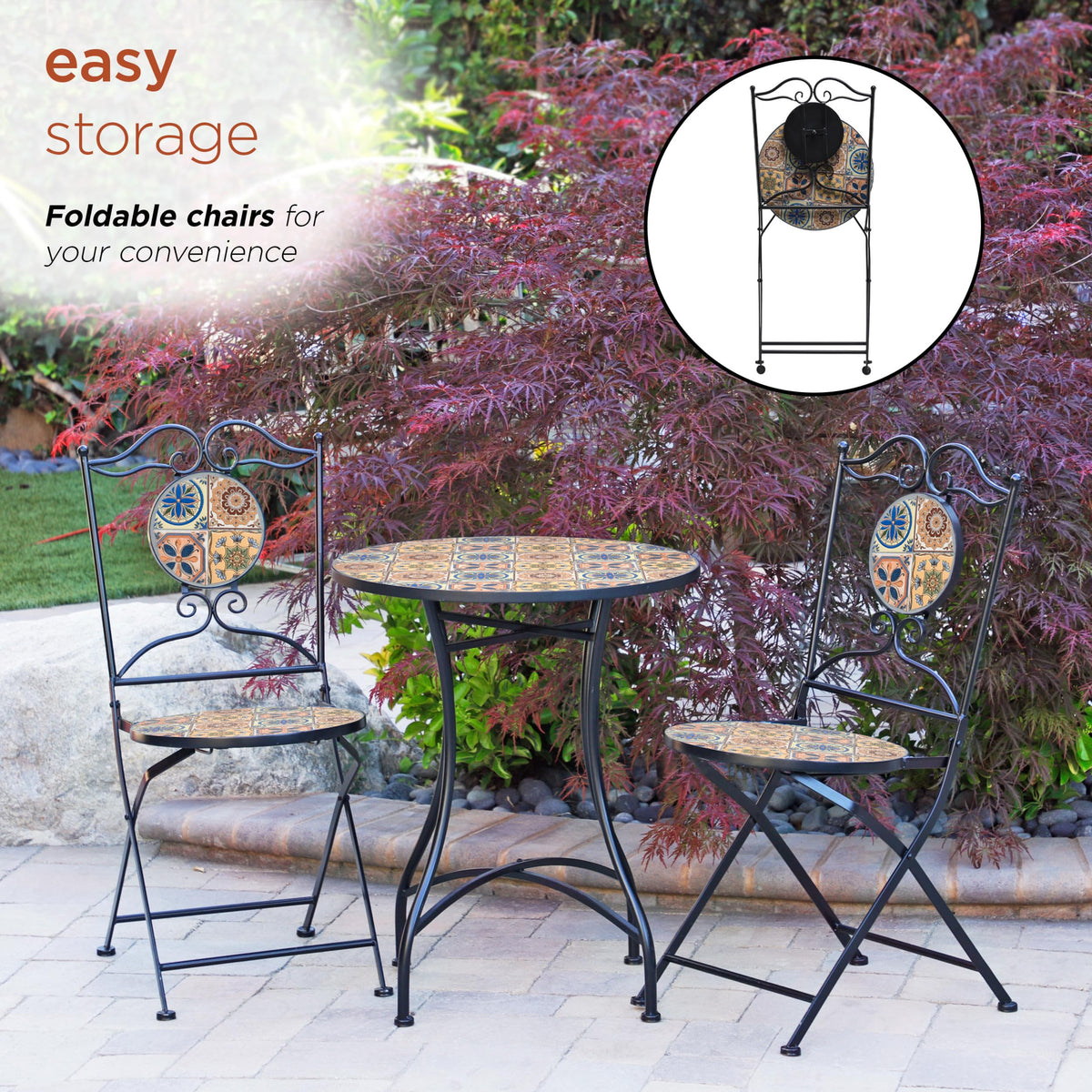 Alpine Corporation Indoor/Outdoor Mediterranean Tile Design Set Table and Chairs Patio Seating