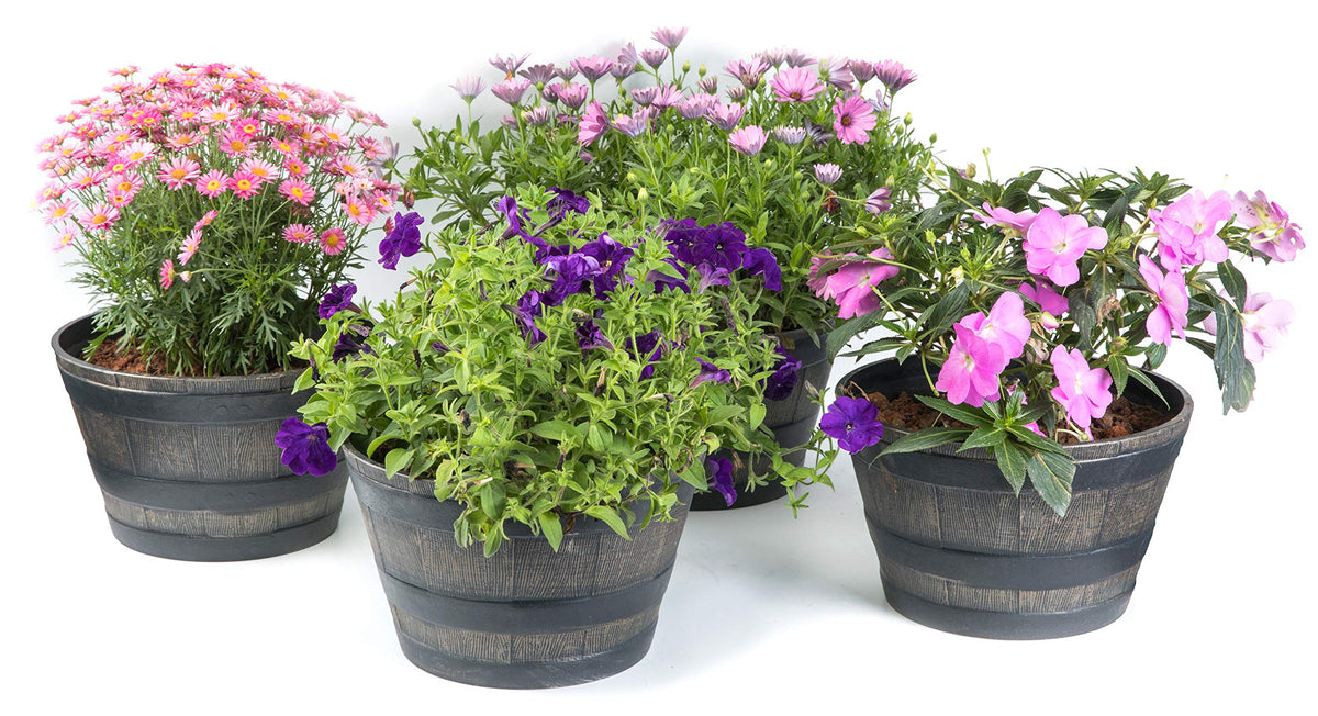 Gardenised Rustic Wood- Look Plastic Half Barrel Flower Pot Bucket Planter, Pack of 4