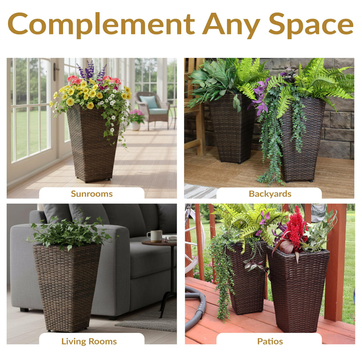 Sunnydaze Square Tall Wicker Outdoor Planter Set of 2 - Polyrattan Large Outdoor Planters for Porch, Patio or Garden - 20" Tall Plant Pots - Brown