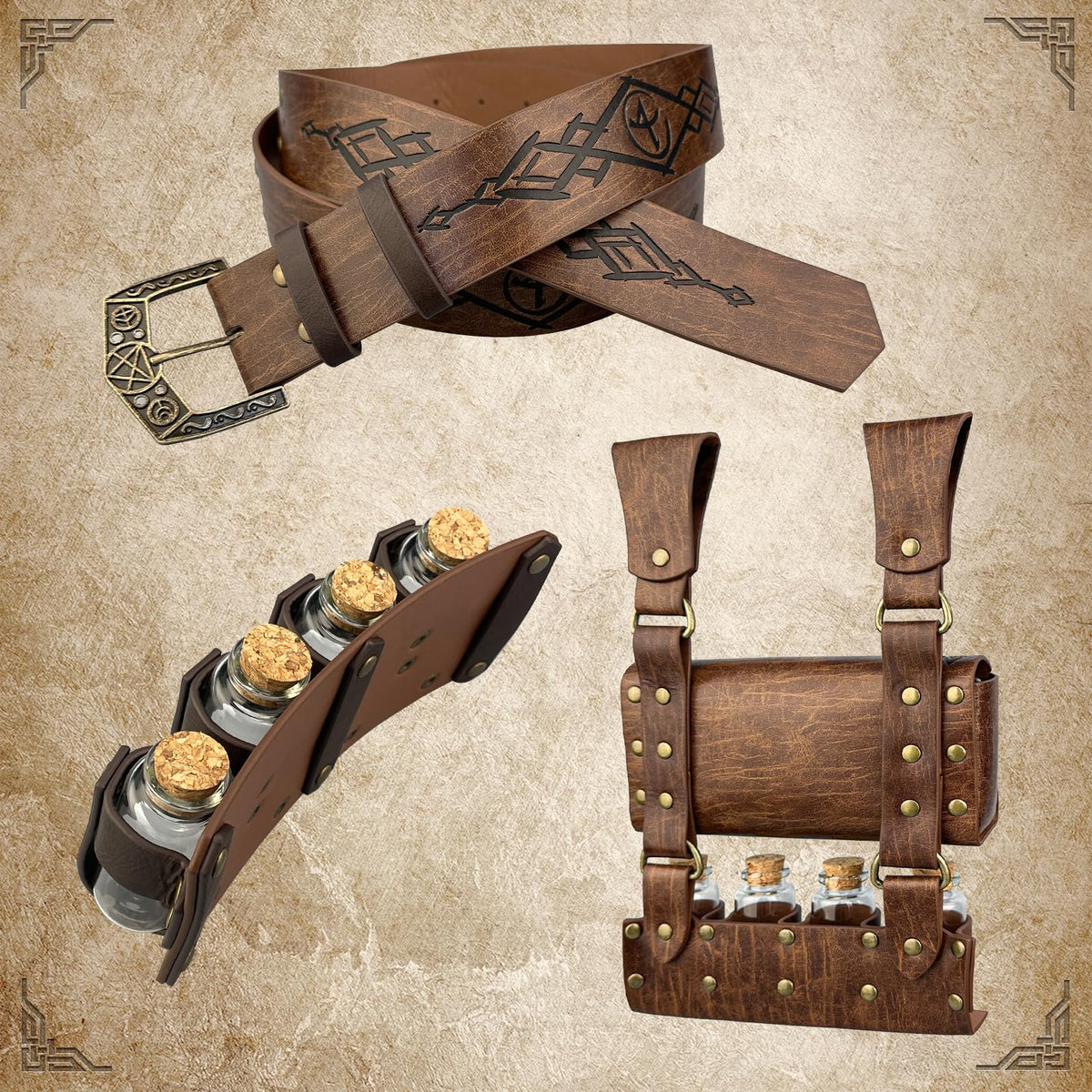 EpicCos 3 PCs Medieval Alchemy Belt Waist Pack Combo with Multiple Potion Bottles, Viking Rivet Belt Side Pouch for Cosplay (Brown C)