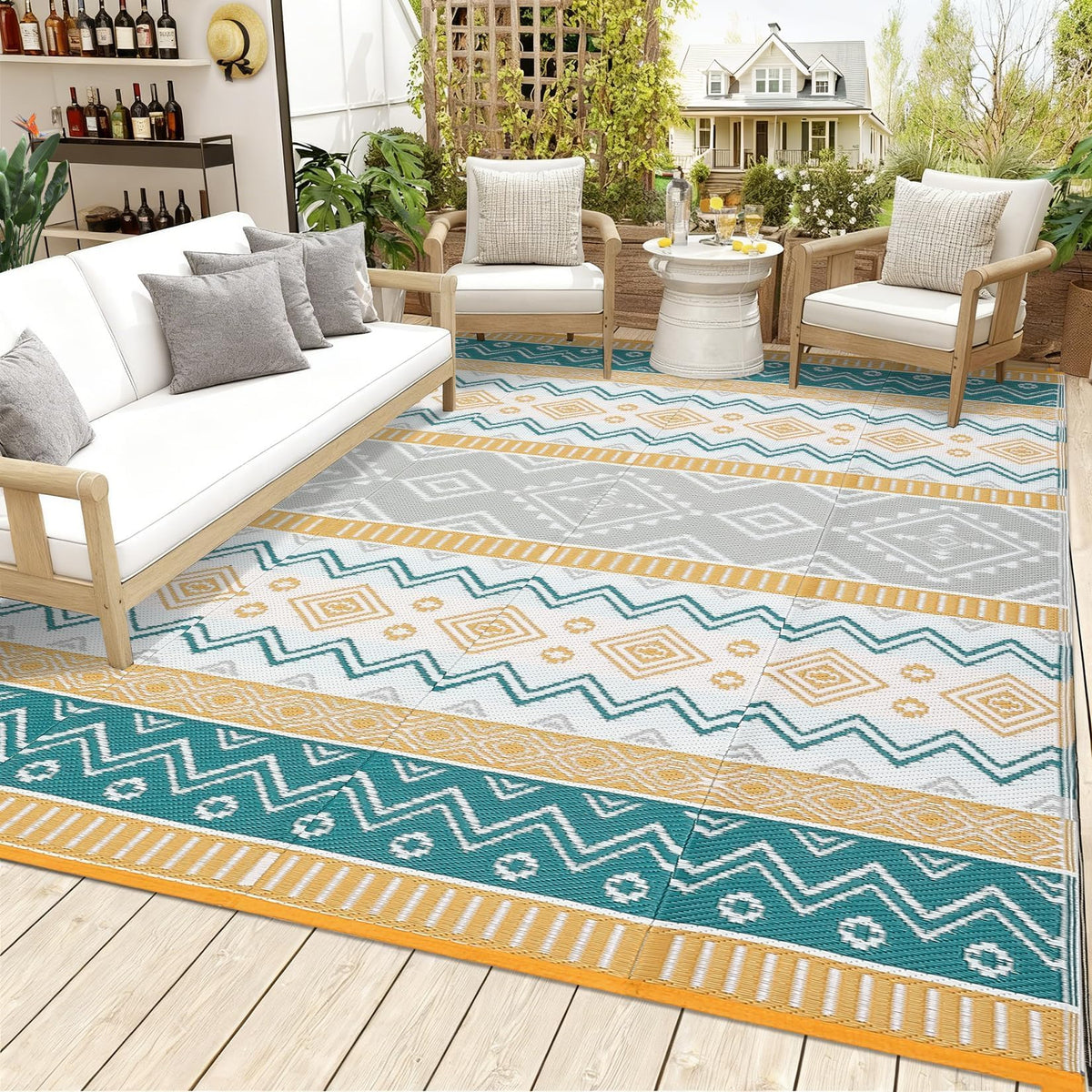 GarveeHome Large Modern Geometric Indoor Outdoor Area Rug 10x14 Black/White, Lightweight Portability Rug for Backyard, Patio, Porch, Easy-Cleaning, Pet-Friendly, Non-Shedding Yellow/Green/Gray/White