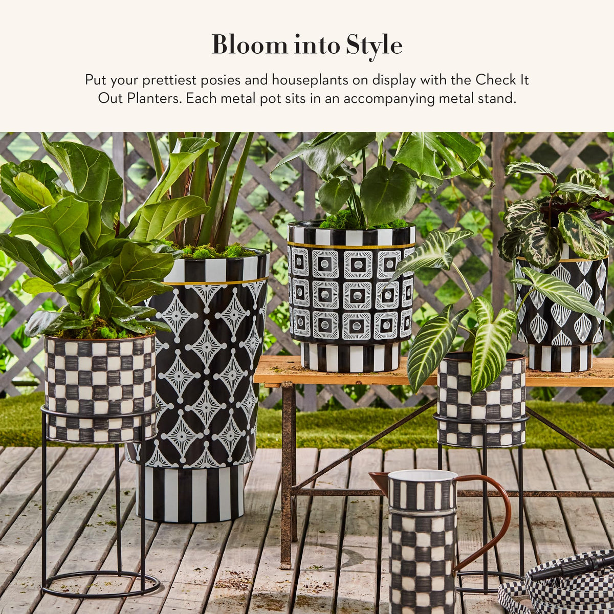 MACKENZIE-CHILDS Set of 2 Check It Out Metal Planters, Black-and-White Garden Planter
