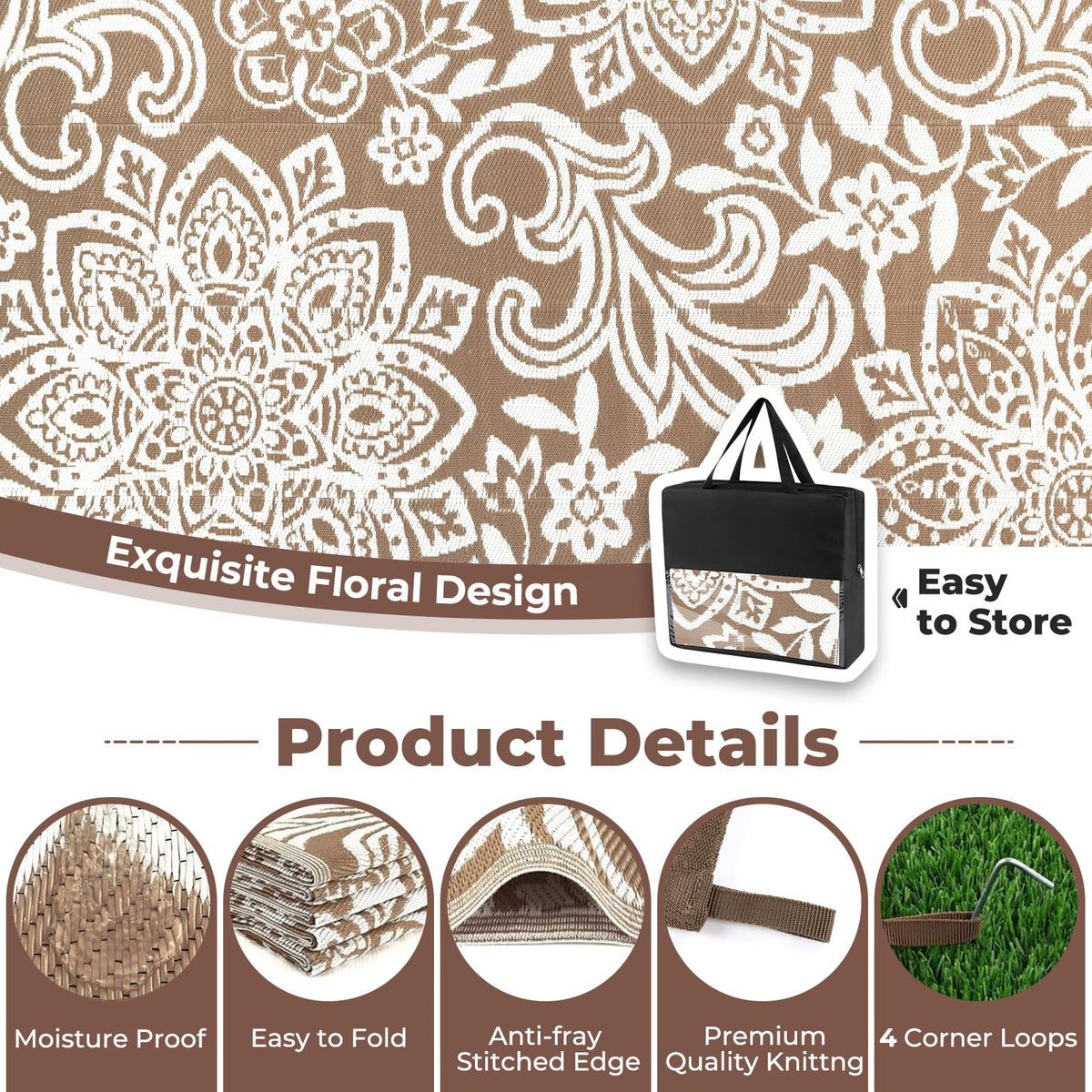 Findosom Waterproof Outdoor Rug 9' x 18' - Reversible Mandala Outdoor Plastic Straw Rug, Durable Foldable Patio Rug for RV, Deck, Balcony, Backyard, Picnic, Porch, Camping, Beach, Brown