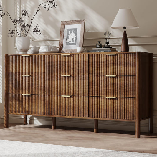 CHUWELL Fluted Walnut Dresser for Bedroom, 63" Wide Mid Century Modern Chest of Drawers with 4 Solid Wood Cylindrical Legs & Gold Metal Handles, 9 Drawer Large Dresser for Bedroom