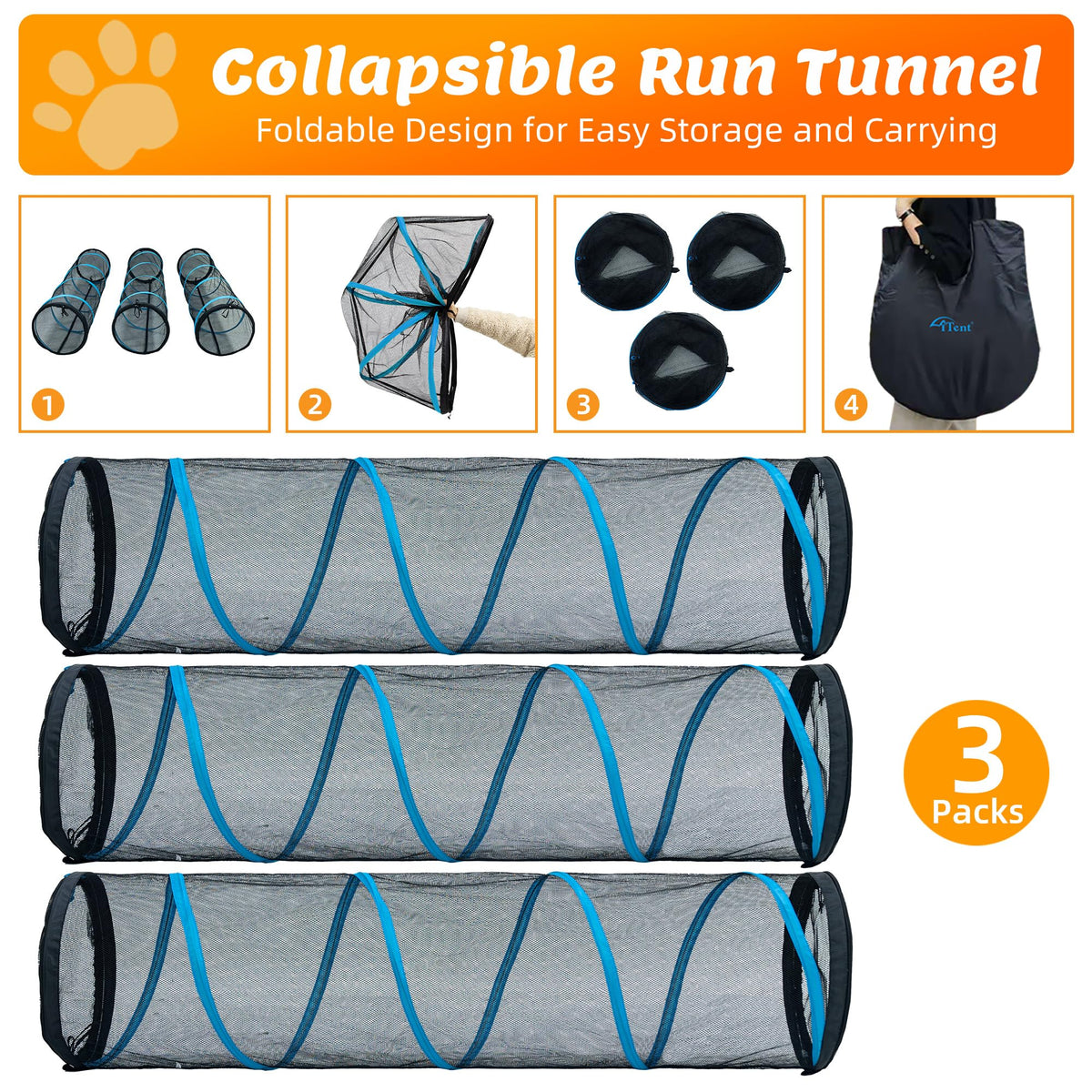 ITENT Cat Play Tunnel-for Indoors and Outdoors,Cat Tunnel Outdoor, Kitty Outdoor Enclosure, Cat Enclosures Easy to Connect with Two Zipper Doors,Product Size 59'' x 18'',3pcs /Set,Blue,3 Packs