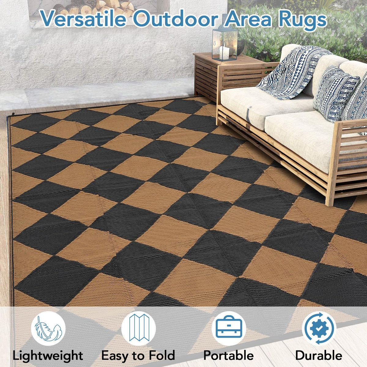 GarveeHome Outdoor Rug 9x18 ft Waterproof Mat Reversible Outdoor Plastic Straw Rug Patio Rug Camping Rug Portable Outdoor Mat for RV Porch Balcony Backyard Picnic Beach Black/Brown Diamond