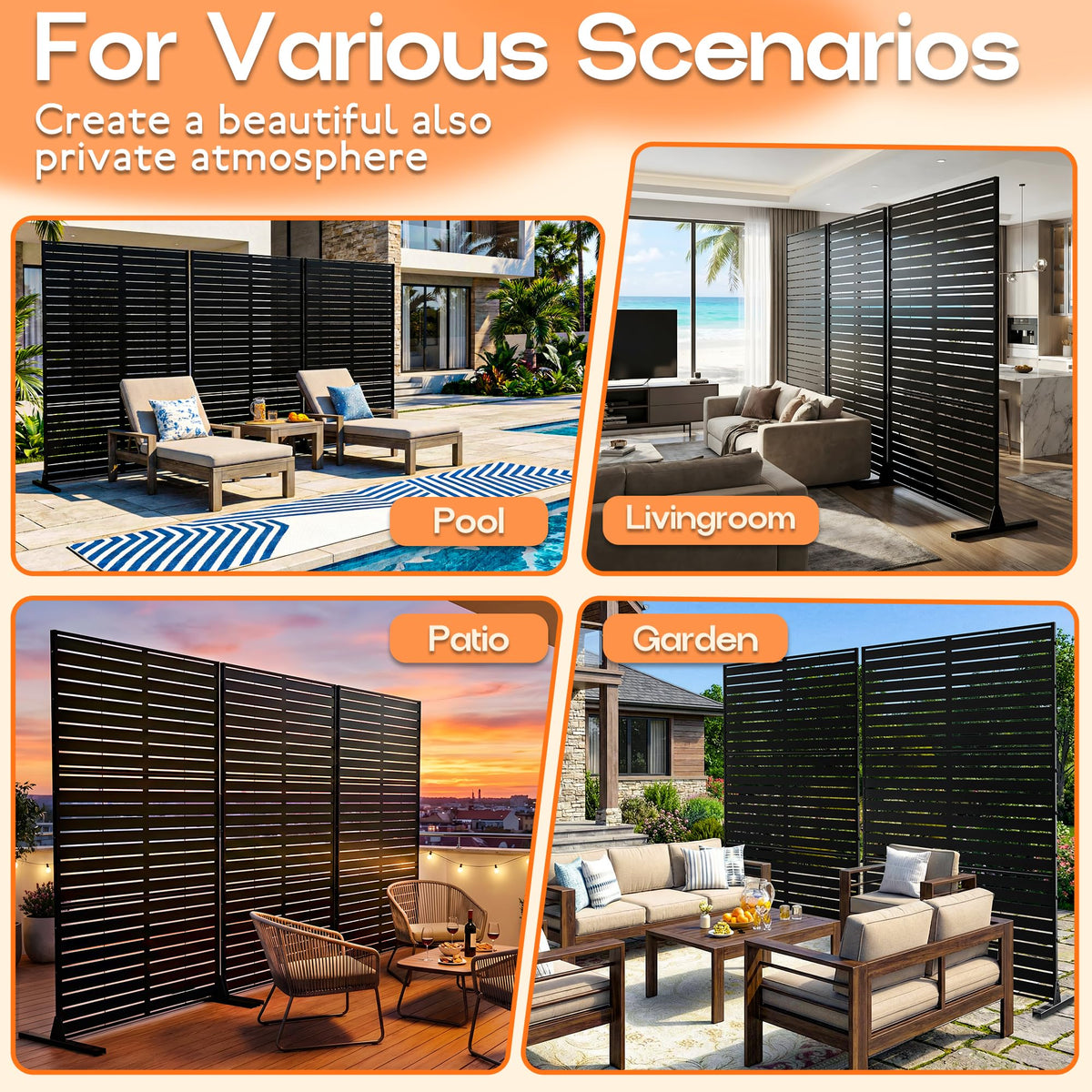 MTART Metal Privacy Screen 72" H x 47.2" Decorative Outdoor Privacy Screen Privacy Panel with Stand for Balcony Deck Patio Lawn Garden, Privacy Fence (Black-Louvered)