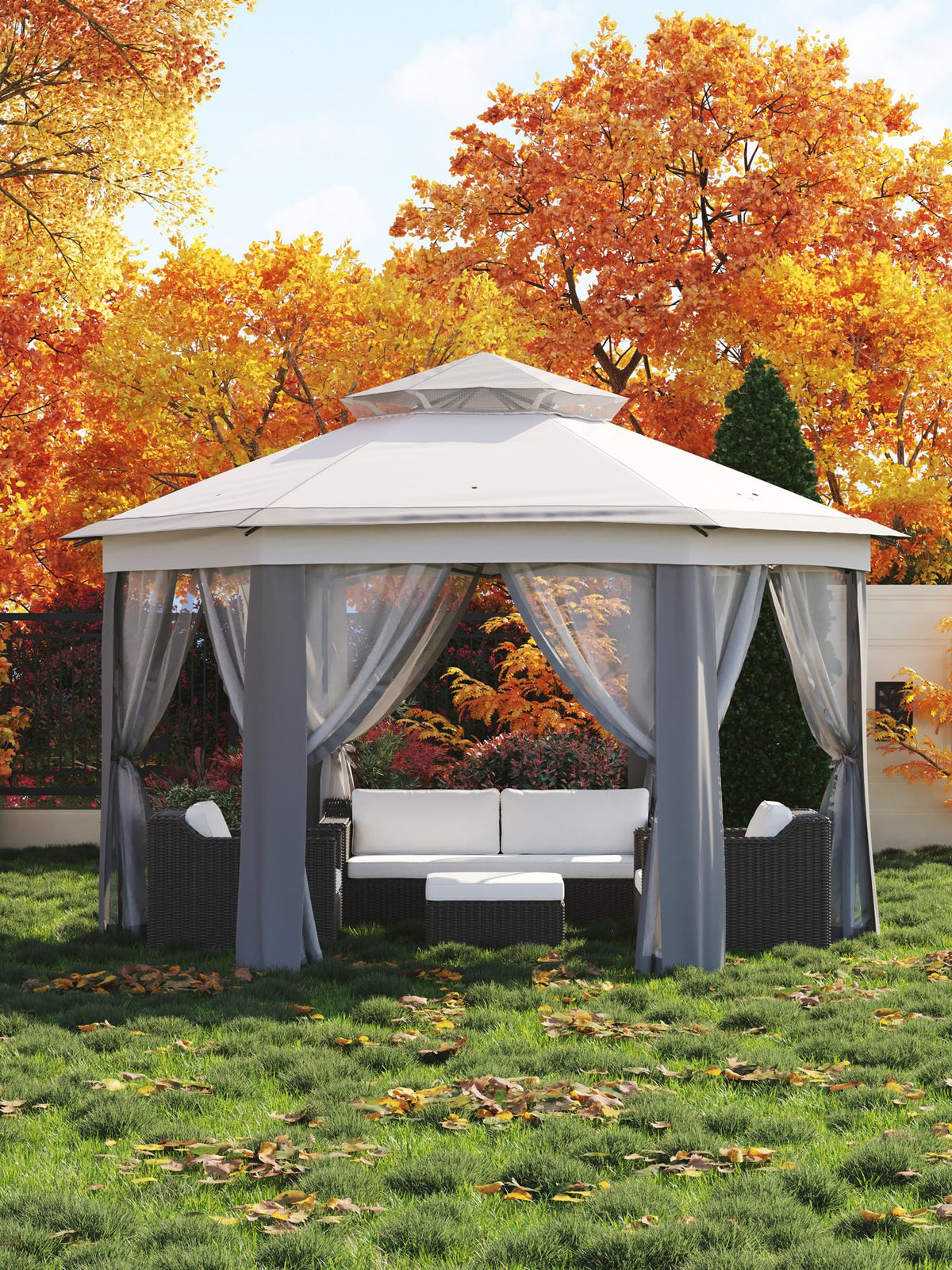Garvee Pop Up Gazebo Screen Tent,Hexagonal Instant Gazebo Tent with Mosquito Netting Outdoor Canopy,6 Sided Sun Shelter 13x13ft with Mesh Netting,Pavilion Tents for Patio,Light Gray+Dark Gray