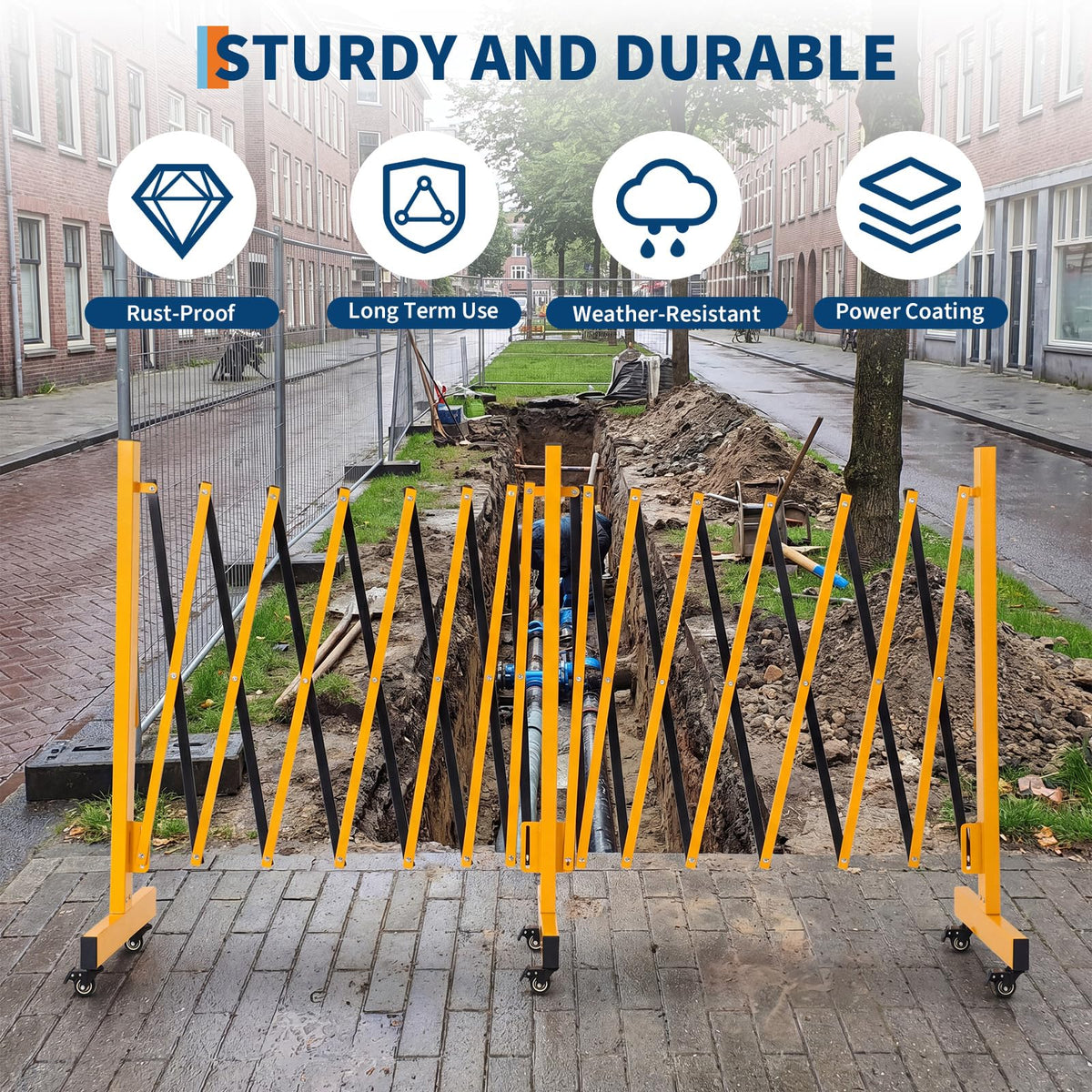 23FT Metal Expandable Mobile Barricade,Industrial Folding Security Gate Driveway Gate, Retractable Retractable Gate Outdoor,Folding Safety Barricade with Casters