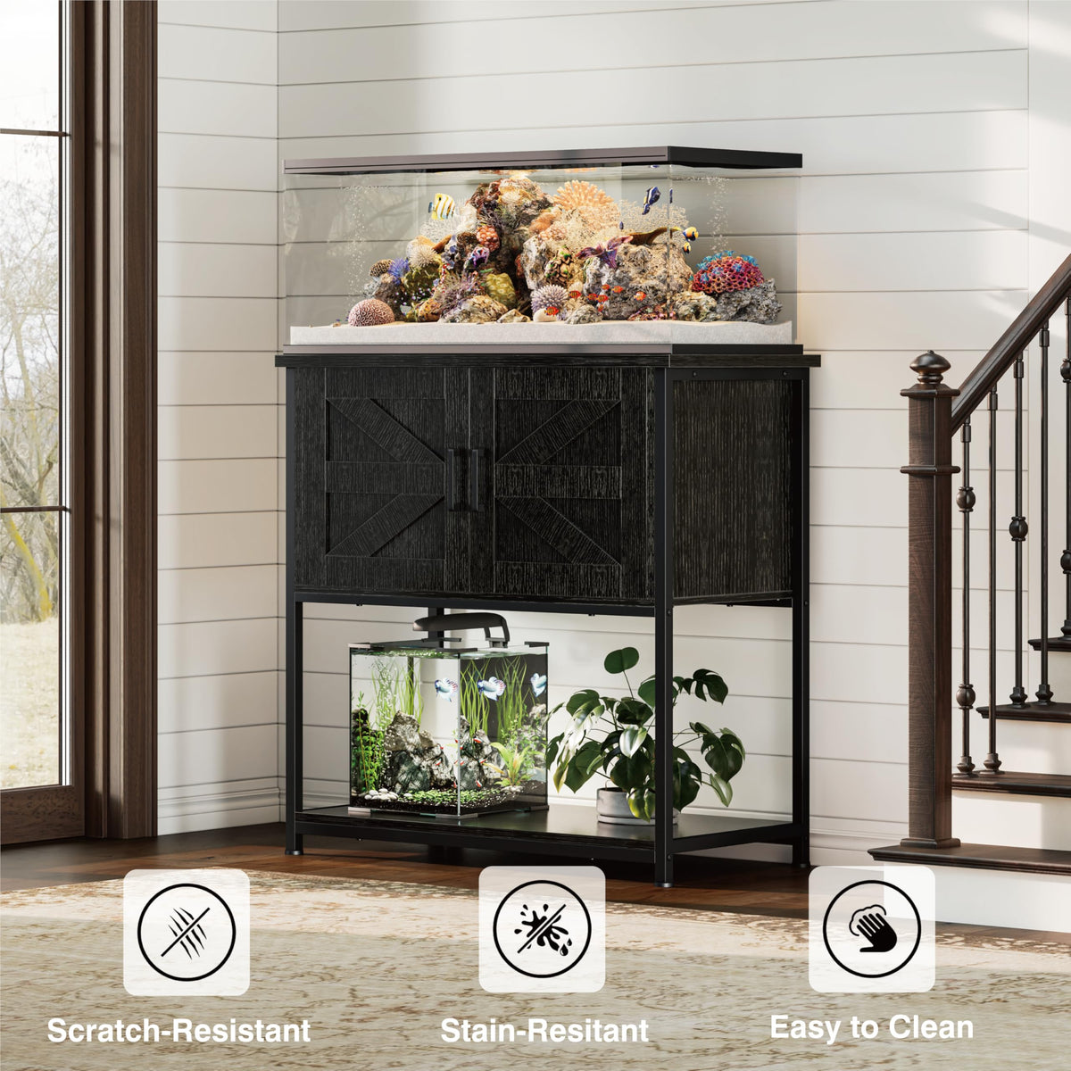 Hylemoros 20/29/30 Gallon Fish Tank Stand with Storage Cabinet Farmhouse Wood Aquarium Stand for Fish Reptile Heavy Duty Terrarium Stand for Living Room Entry Way Hallway Black