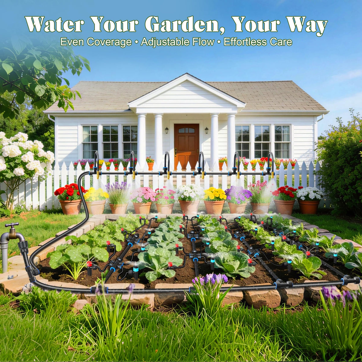 Drip Irrigation Kit for Garden, Automatic Watering System with Quick Connect Fittings, Adjustable Spray Nozzles, Water Saving Irrigation System for Yard, Greenhouse, Lawn & Potted Plants (140FT)