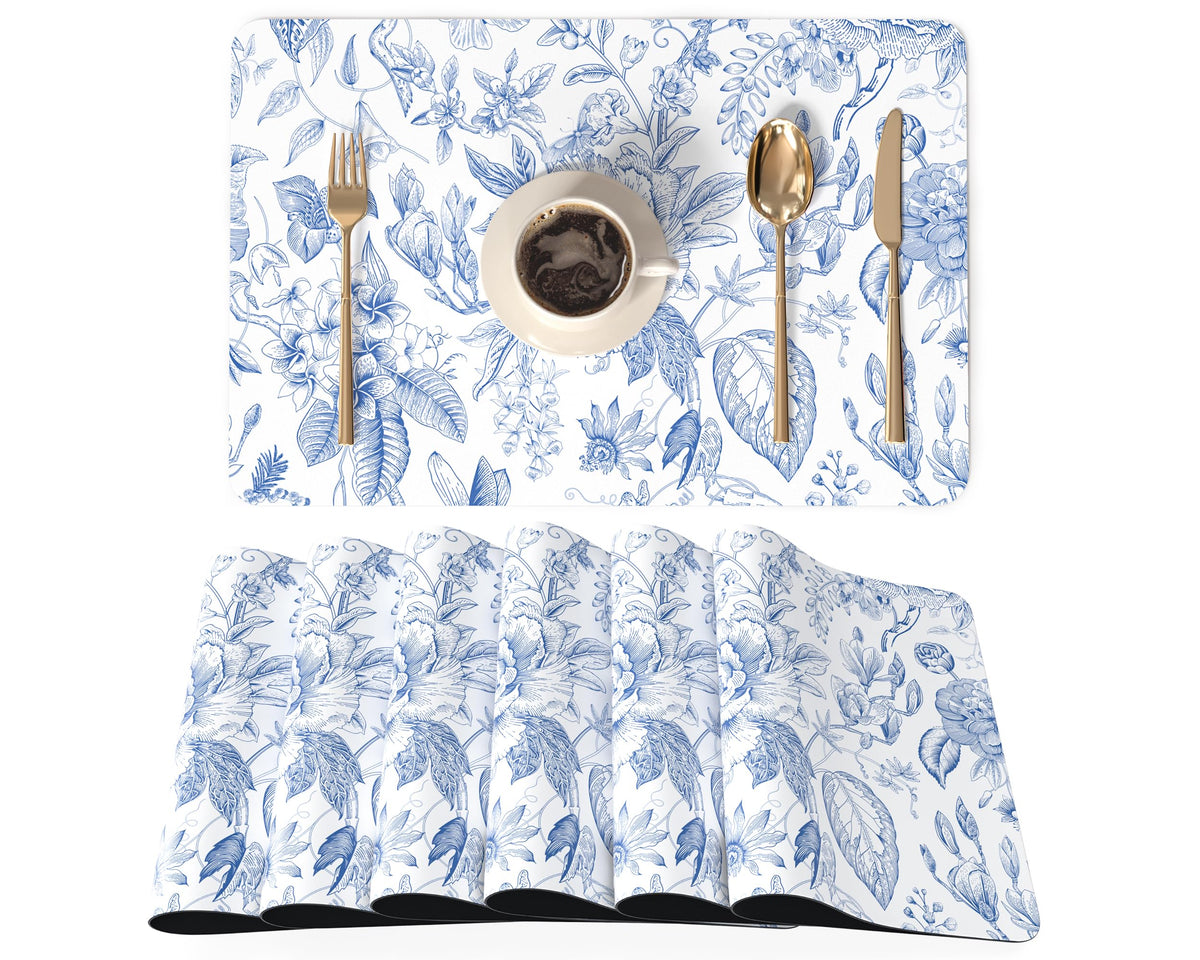 QiyI Placemats Set of 6, 12x18 Inch Faux Leather Place Mats for Kitchen Dinning, Heat Resistant Anti Slip Floral Table Mats, Waterproof Wipeable Washable Placemat Party Table Décor, Blue Flowers