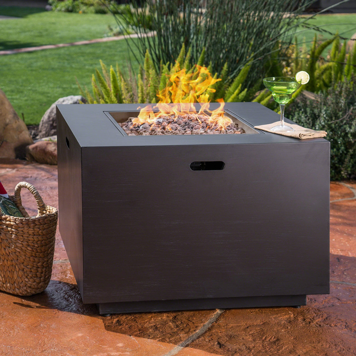 Christopher Knight Home Wellington Outdoor Iron 33" Square Fire Pit - 50,000 BTU, Dark Grey