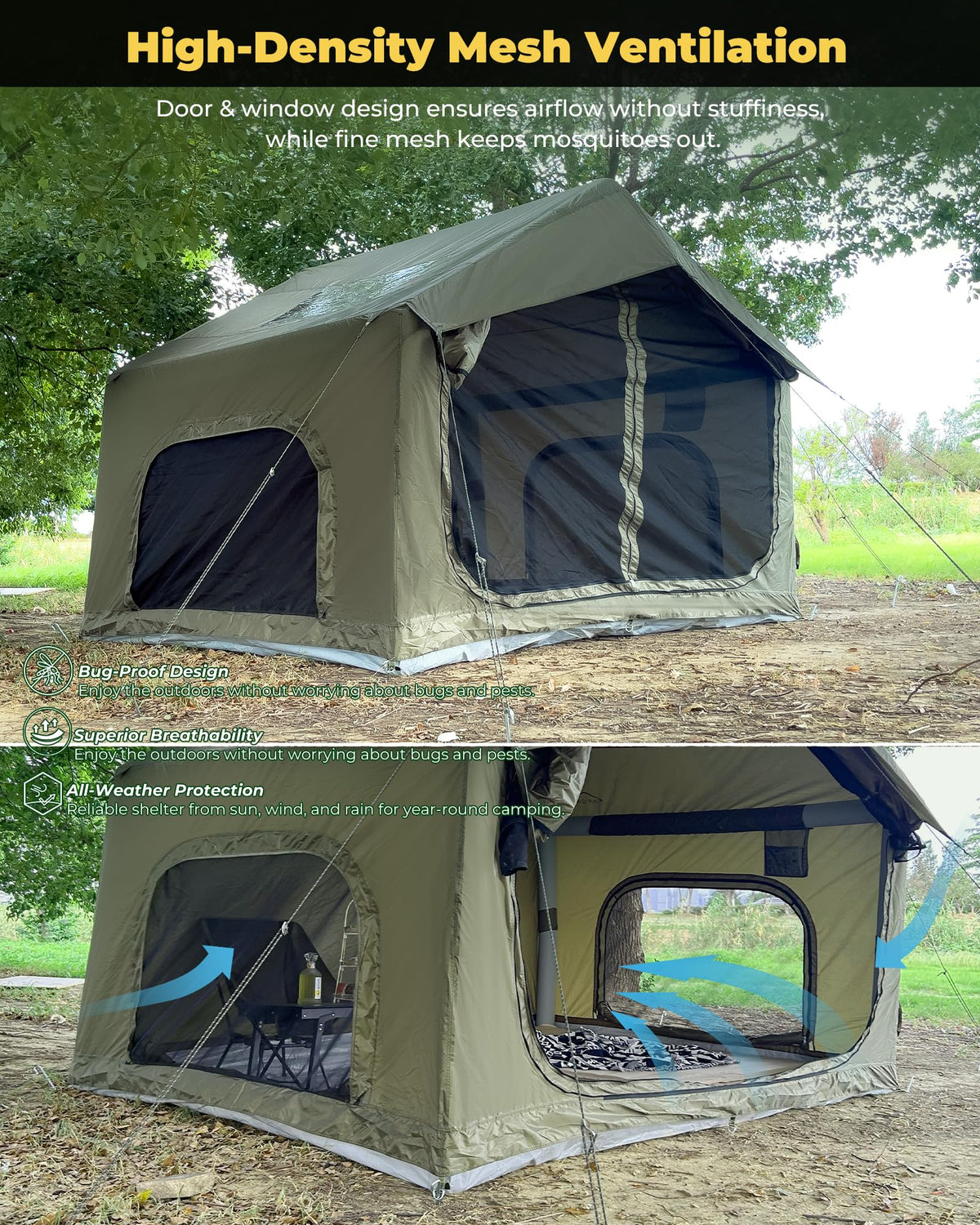 Inflatable Camping Tent for 3-4 Person, Oxford Fabric Blow Up Tent with Skylight, Easy 5-Minute Setup Air Tent, Waterproof Glamping Tent with Large Door & Windows for Family Camping, Festivals