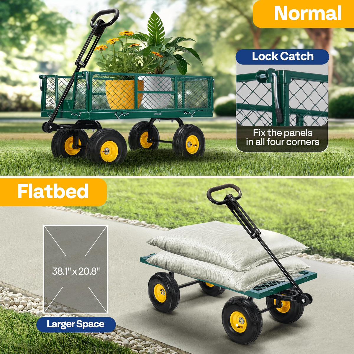 VIVOHOME Garden Cart Steel Heavy Duty 900 LBS Yard and Garden Wagon with 10 inch Tire and Handle Attach to ATV or Tractor Green