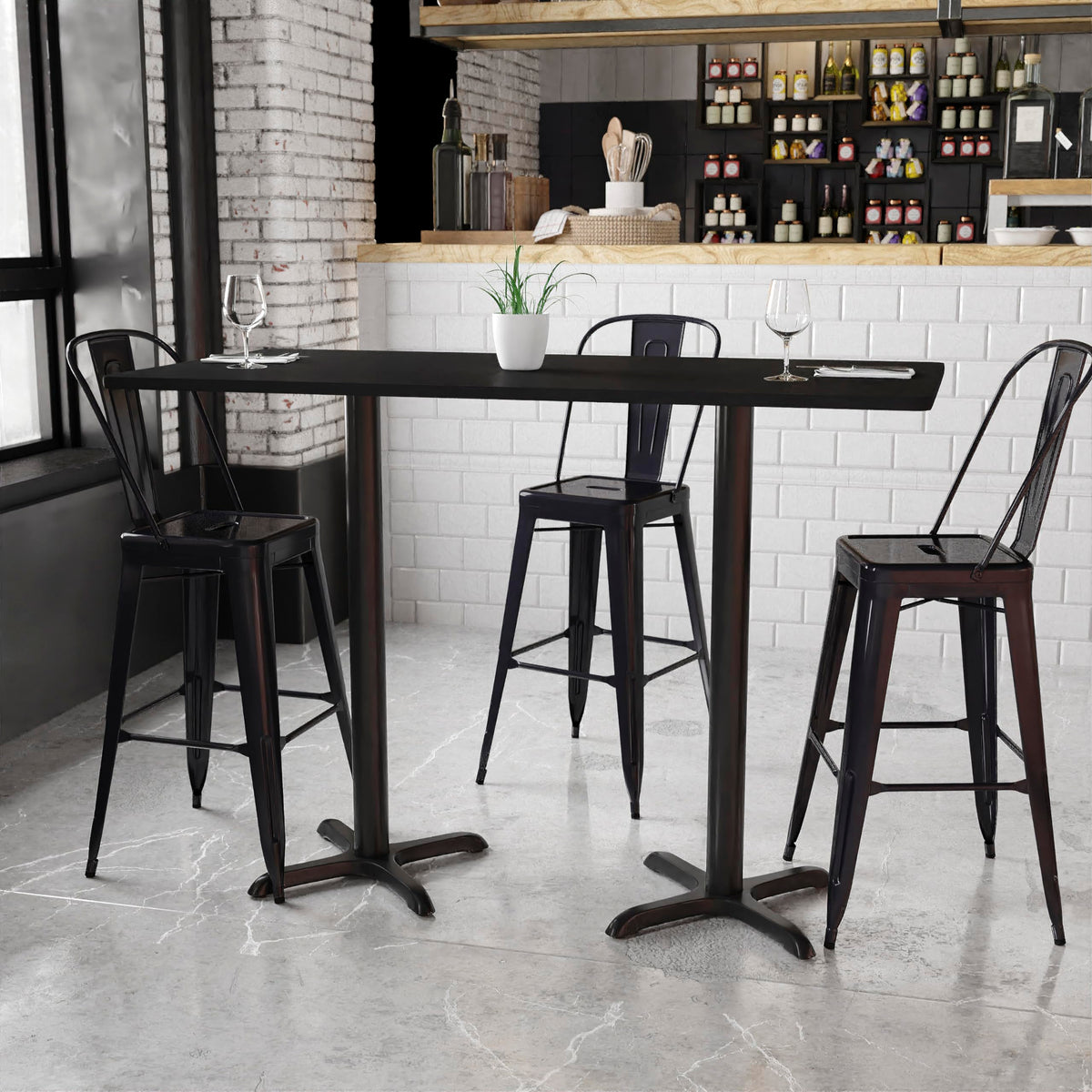Flash Furniture Stiles 30'' x 60'' Rectangular Black Laminate Table Top with 22'' x 22'' Bar Height Table Bases