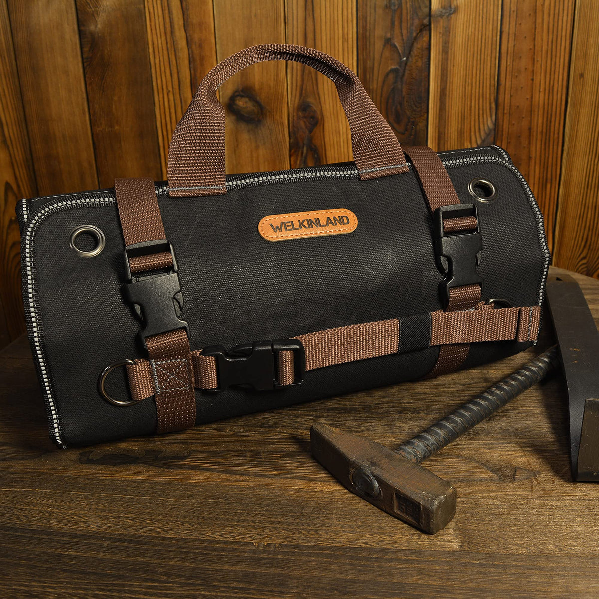 WELKINLAND Heavy-Duty Waxed Canvas Tool roll, 15-Pockets Tool Wrap Roll, 15L Tool Up Roll Bags, Tool Bag Roll, Tool roll organizer, Roll up tool bag organizer