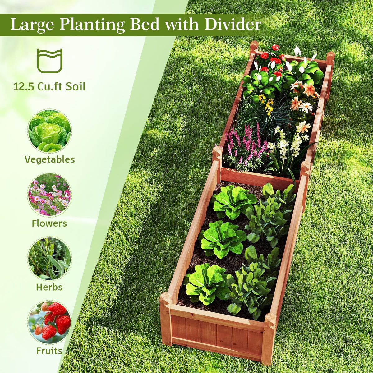 HAPPYGRILL Raised Garden Bed, Wood Elevated Flower Box with 8 Drain Holes, Liner, for Flowers, Vegetables, Herbs, Fruits, Outdoor Planter Box for Backyard, Garden, Lawn, 89" x 23.5" x 16"