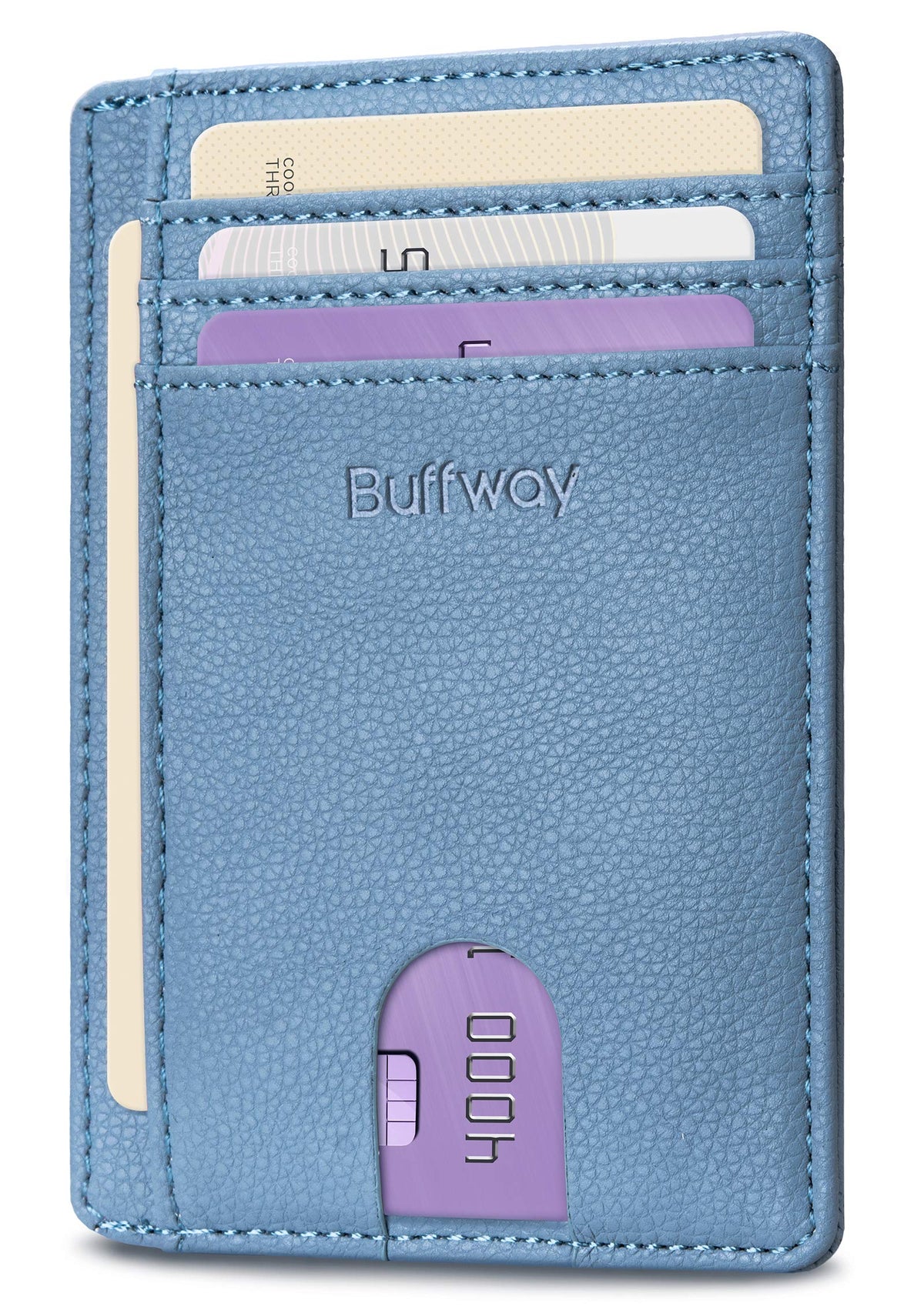 Buffway Slim Minimalist Front Pocket RFID Blocking Leather Wallets for Men and Women - Lichee Blue Grey
