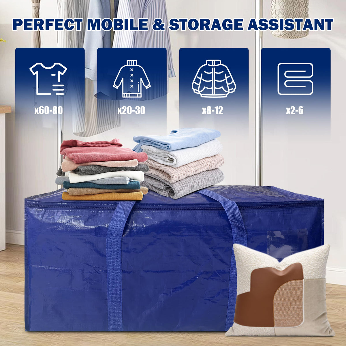 8 Pack Extra Heavy Duty Large Moving Bags with Strong Zipper & Carrying Handles, Sturdy Clothes Storage Bags Totes Bins, Packing Bag Move Boxes College Moving Supplies, Dark Blue - 24 gal