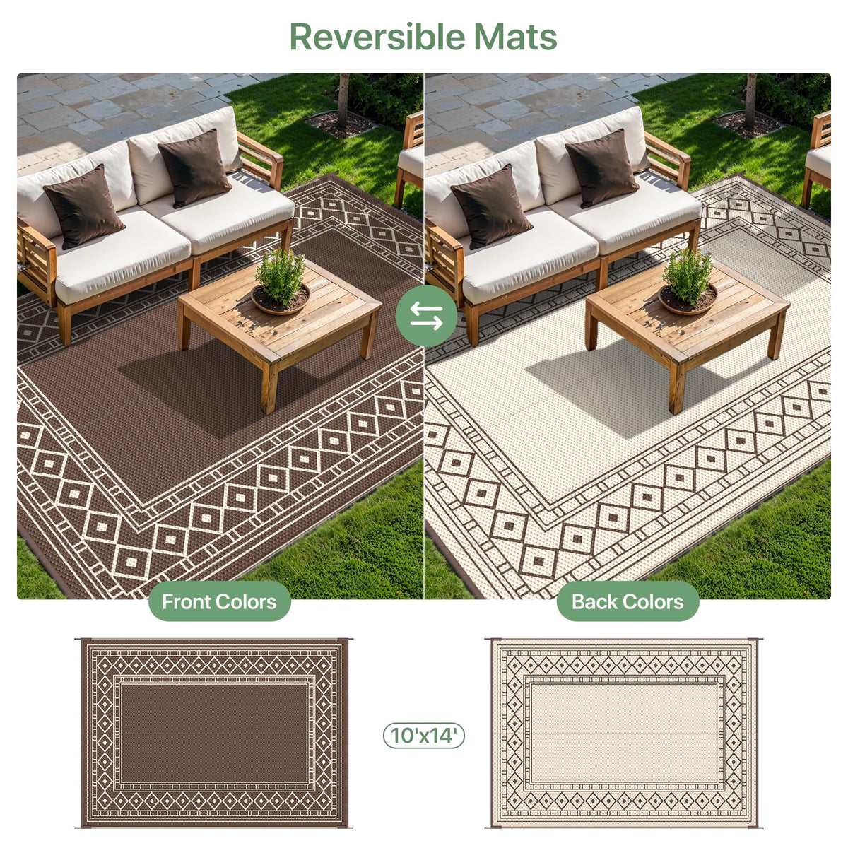 GENIMO Outdoor Rug Waterproof for Patio, 10'x14' Foldable Reversible Plastic Straw Carpet for Travel Trailers, Outside Area Mat for Rv, Deck, Picnic, Porch, Camper, Balcony, Beach, Coffee & Beige