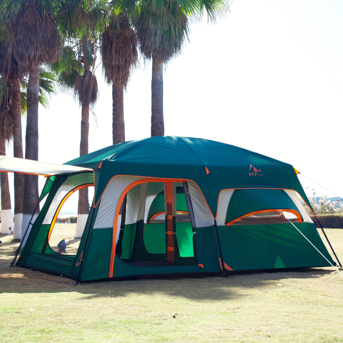 KTT Extra Large Tent 12 Person,Family Cabin Tents,2 Bay-Windows,2 Rooms and 3 Doors 3 Windows with Mesh,Waterproof,Straight Wall,Double Layer,Big Tent for Outdoor,Picnic,Camping,Gathering(Green)