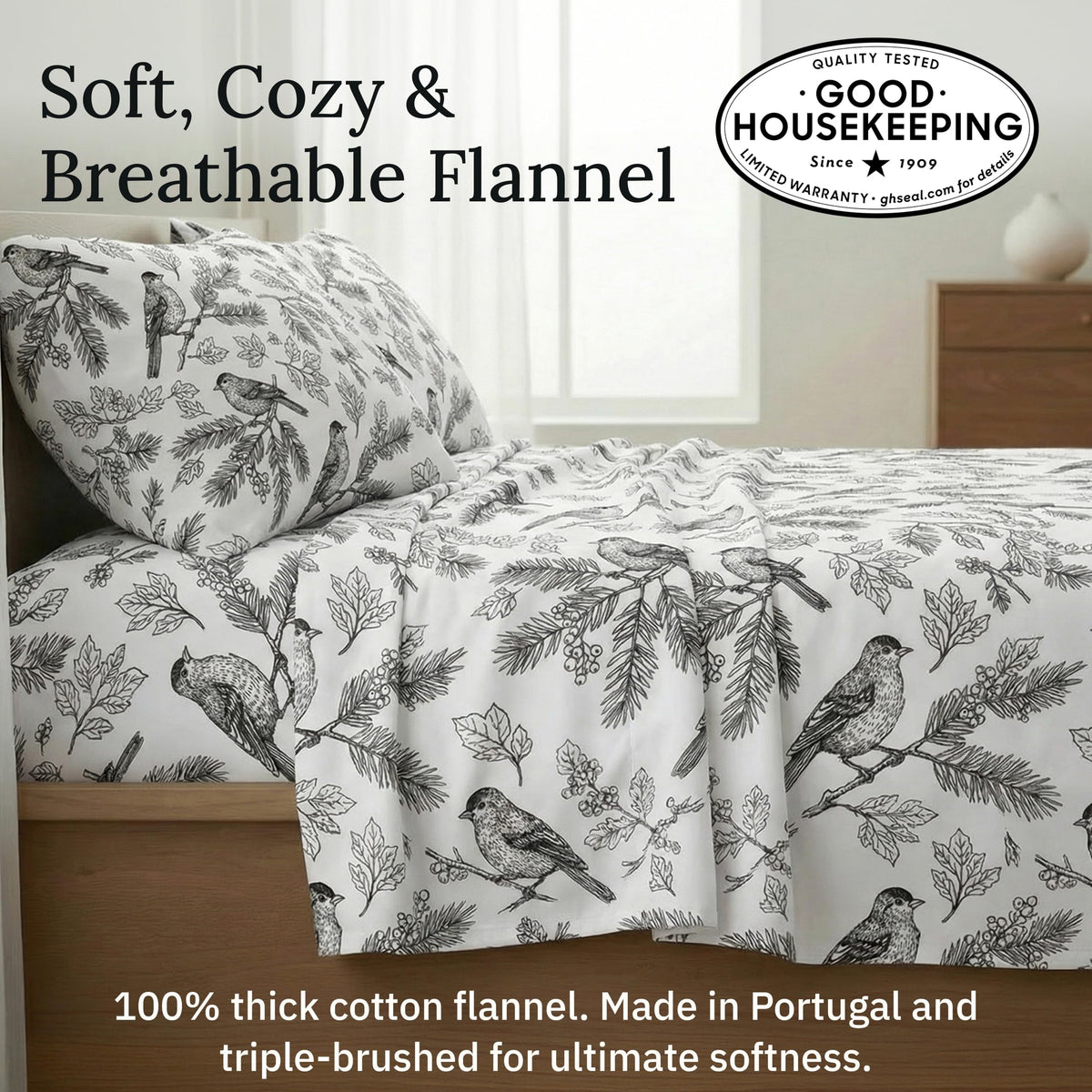 California Design Den Flannel Full Sheet Set - Made in Portugal 100% Cotton, Thick, Velvet Soft 4-Piece Bed Sheets Set, Triple-Brushed with Extra Deep Pockets - Winter Birds