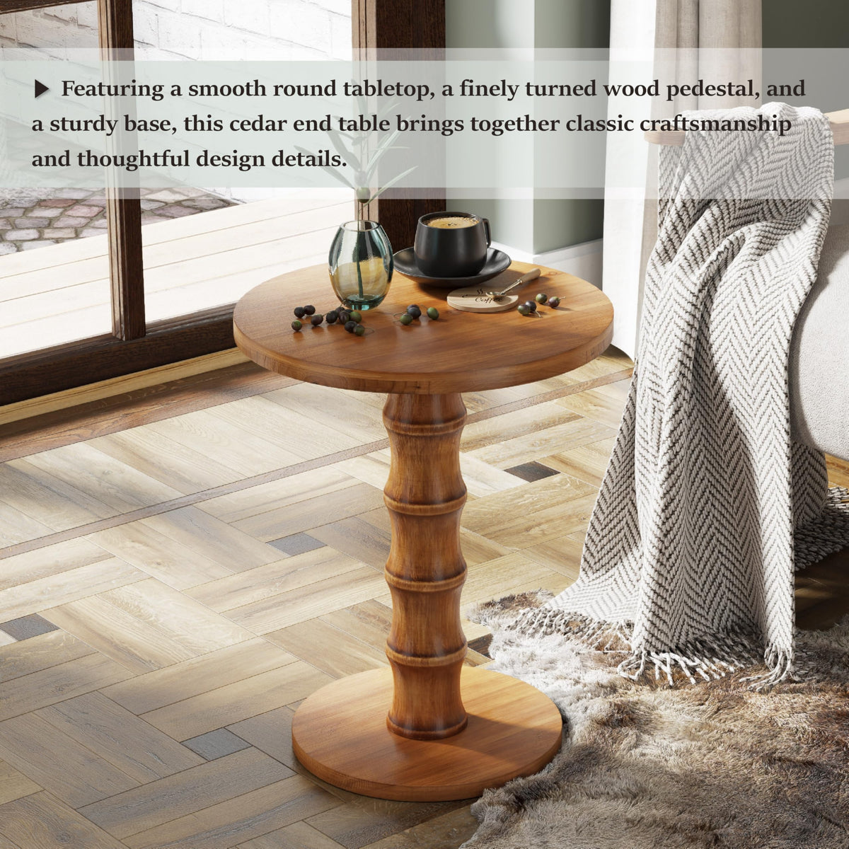 COZAYH Solid Cedar Pedestal End Table with Turned Wood Base, Round Wooden Side Table, Small Space Accent Table for Living Room or Entryway, Warm Natural