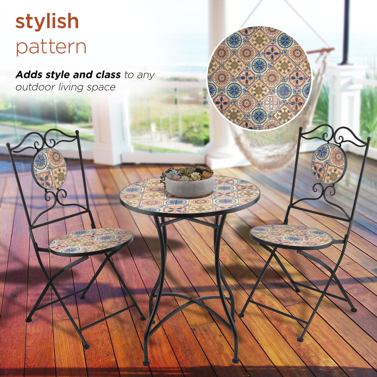 Alpine Corporation Indoor/Outdoor Mediterranean Tile Design Set Table and Chairs Patio Seating