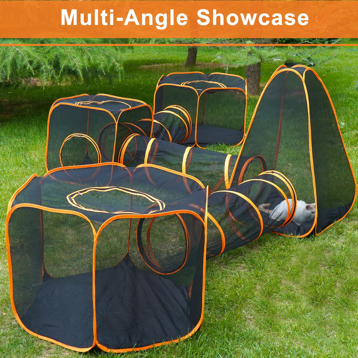 7 in 1 Outdoor Cat Enclosure, Foldable Pop-Up Mesh Playpen Tunnel for Pet Run, Foldable Outside Enclosed Tent Cage for Small Dogs, Rabbit and Other Animals