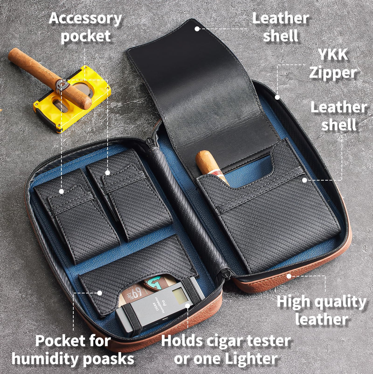 68 Degrees Travel Cigar Humidor, Handmade Leather Case with 3 Pockets, Portable Cigar Holder Fits 5 Cigars, Brown