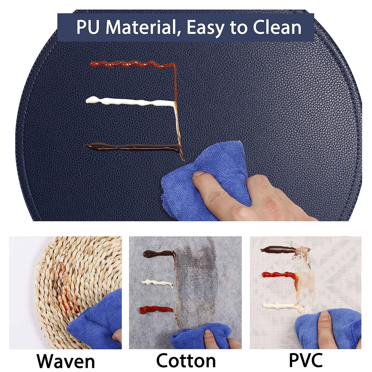 Jovono Navy Faux Leather Round Placemats and Coasters, Coffee Mats Kitchen Table Mats, Waterproof, Easy to Clean for Round Table, Dining Table