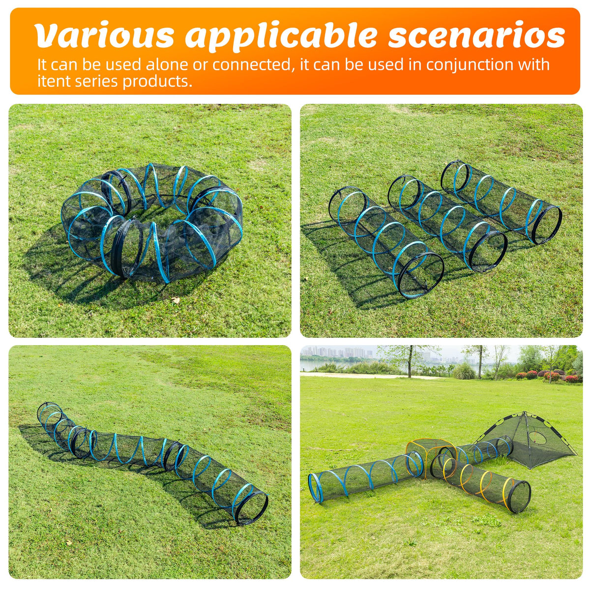 ITENT Cat Play Tunnel-for Indoors and Outdoors,Cat Tunnel Outdoor, Kitty Outdoor Enclosure, Cat Enclosures Easy to Connect with Two Zipper Doors,Product Size 59'' x 18'',3pcs /Set,Blue,3 Packs